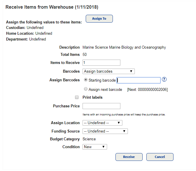 Receive items from warehouse without barcodes. 